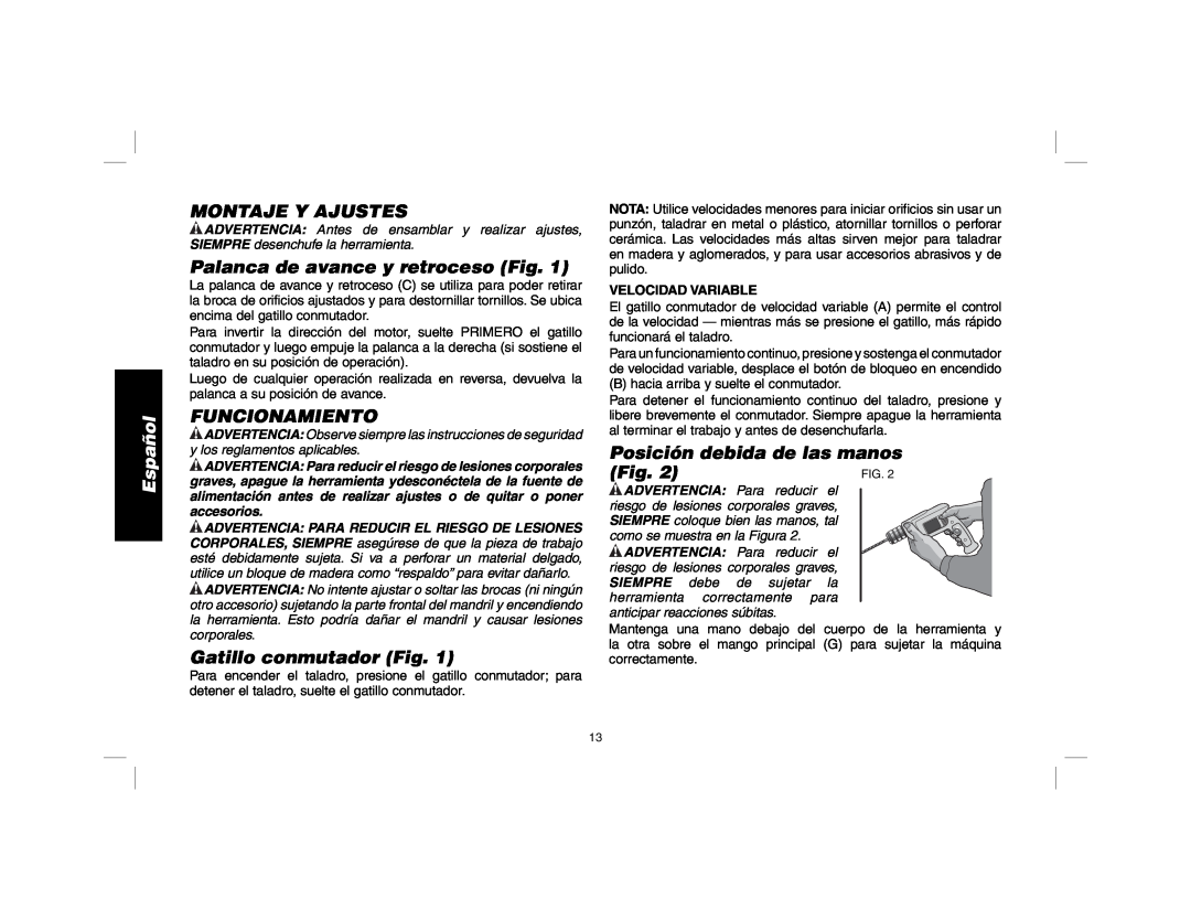 DeWalt DWD010 manual Montaje Y Ajustes, Palanca de avance y retroceso Fig, Funcionamiento, Gatillo conmutador Fig, Español 