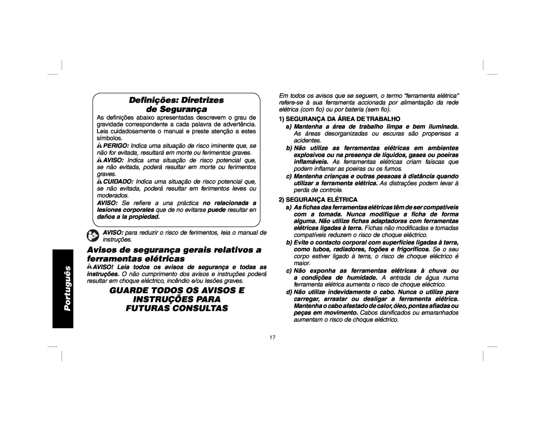 DeWalt DWD010 Português, Definições Diretrizes de Segurança, Avisos de segurança gerais relativos a ferramentas elétricas 
