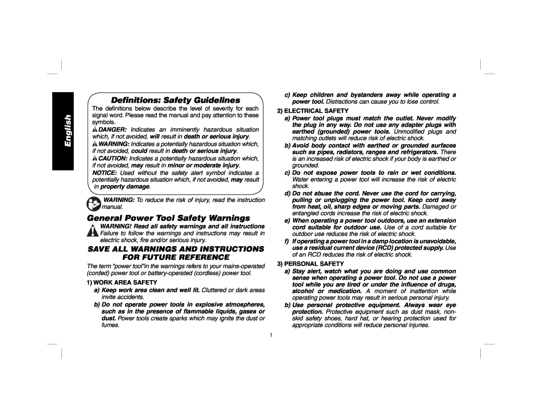 DeWalt DWD010, DWD014 manual English, Definitions Safety Guidelines, General Power Tool Safety Warnings, Work Area Safety 