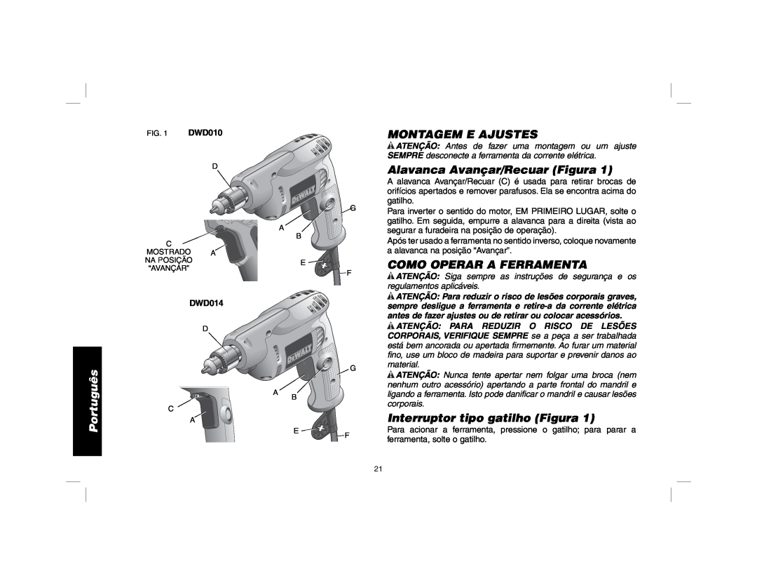 DeWalt DWD010 manual Montagem E Ajustes, Alavanca Avançar/Recuar Figura, Como Operar A Ferramenta, Português, DWD014 