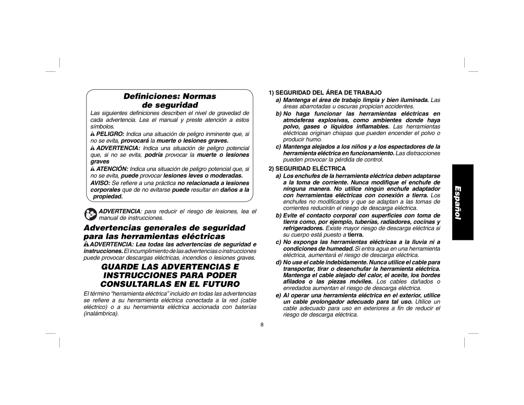 DeWalt DWD014 manual Definiciones Normas de seguridad, Advertencias generales de seguridad para las herramientas eléctricas 
