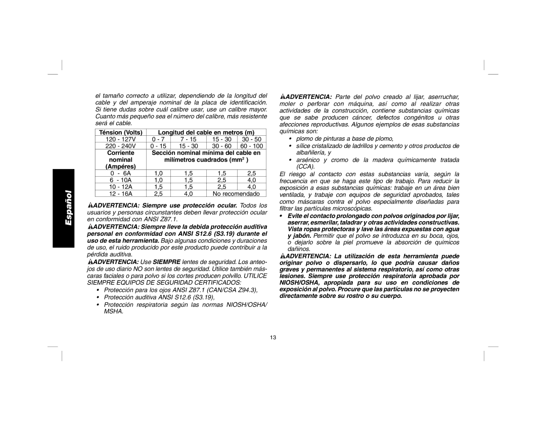 DeWalt DWD024 manual Ténsion Volts Longitud del cable en metros m 