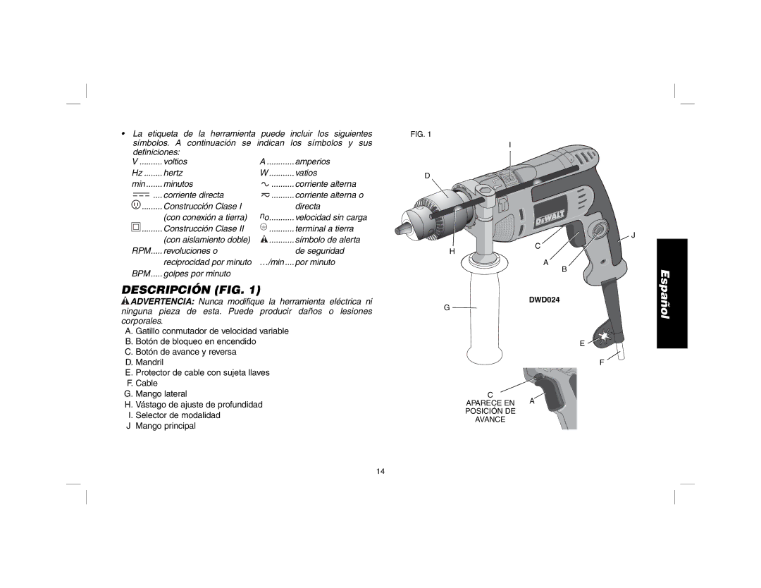 DeWalt DWD024 manual Descripción FIG 