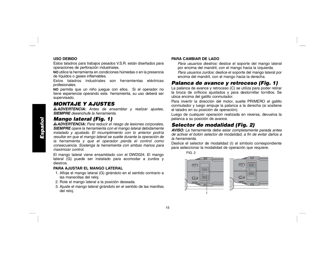 DeWalt DWD024 manual Montaje Y Ajustes, Mango lateral Fig, Palanca de avance y retroceso Fig, Selector de modalidad Fig 