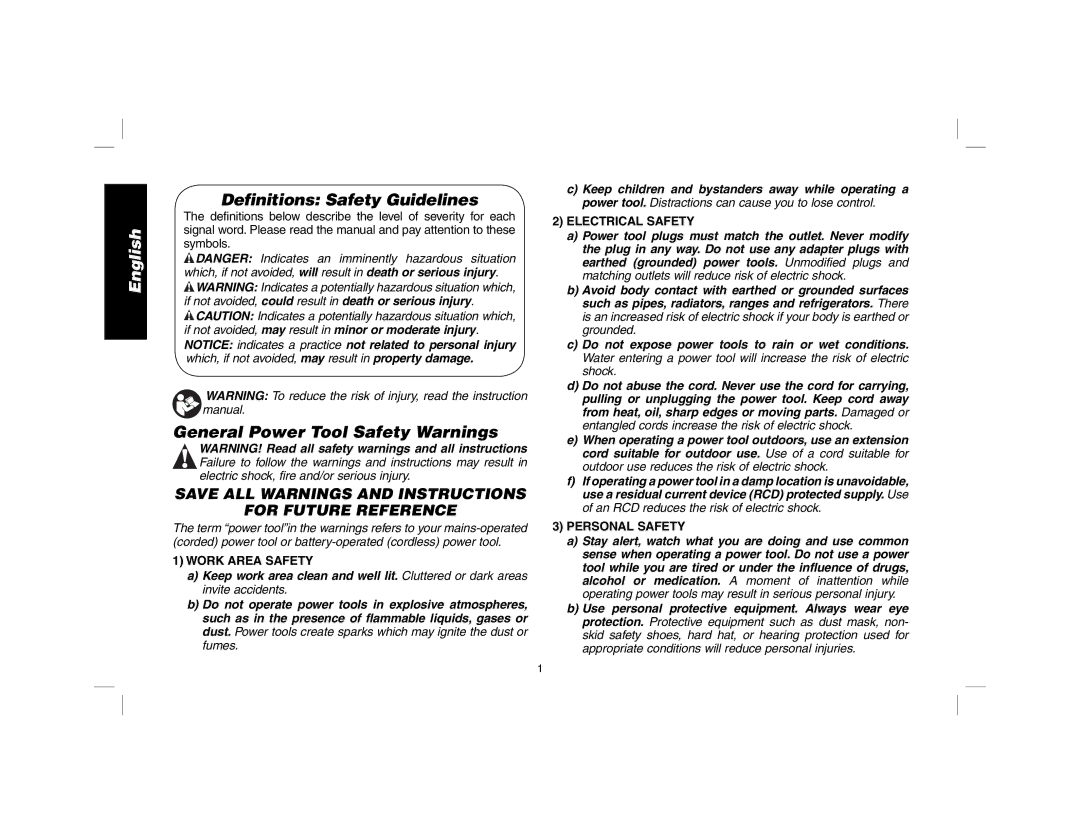 DeWalt DWD024 manual Definitions Safety Guidelines, General Power Tool Safety Warnings, Work Area Safety, Electrical Safety 