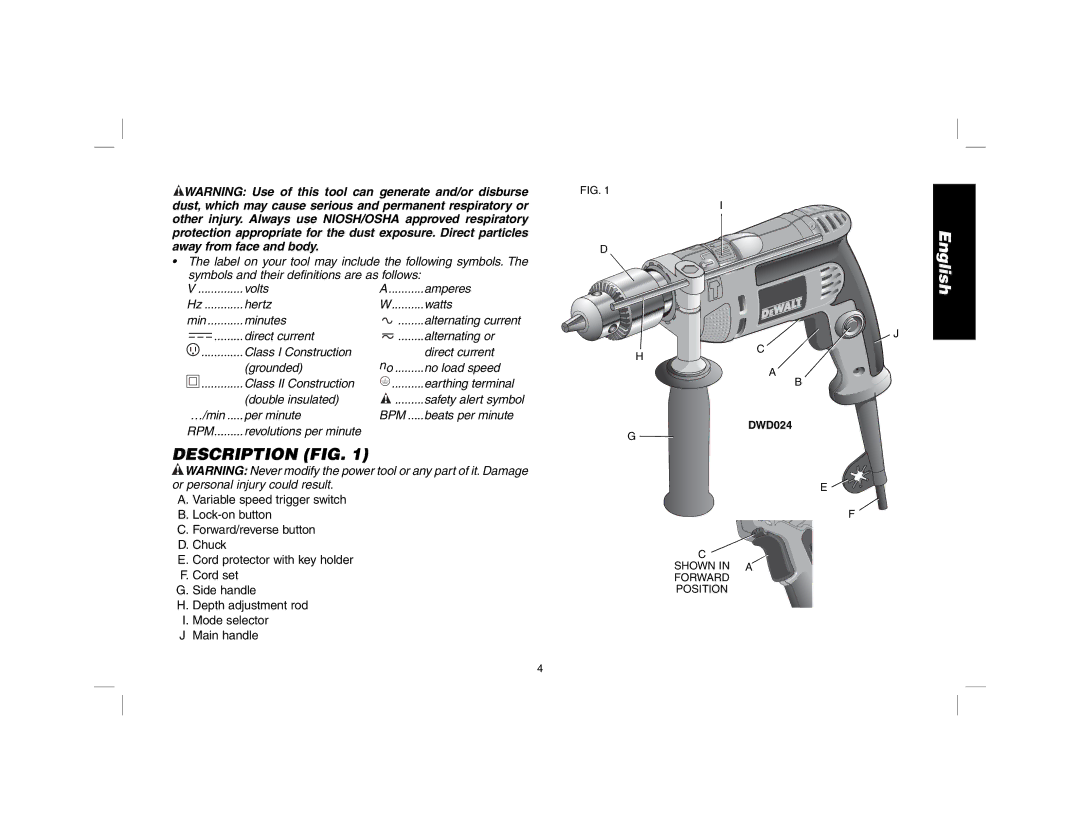 DeWalt DWD024 manual Description FIG 