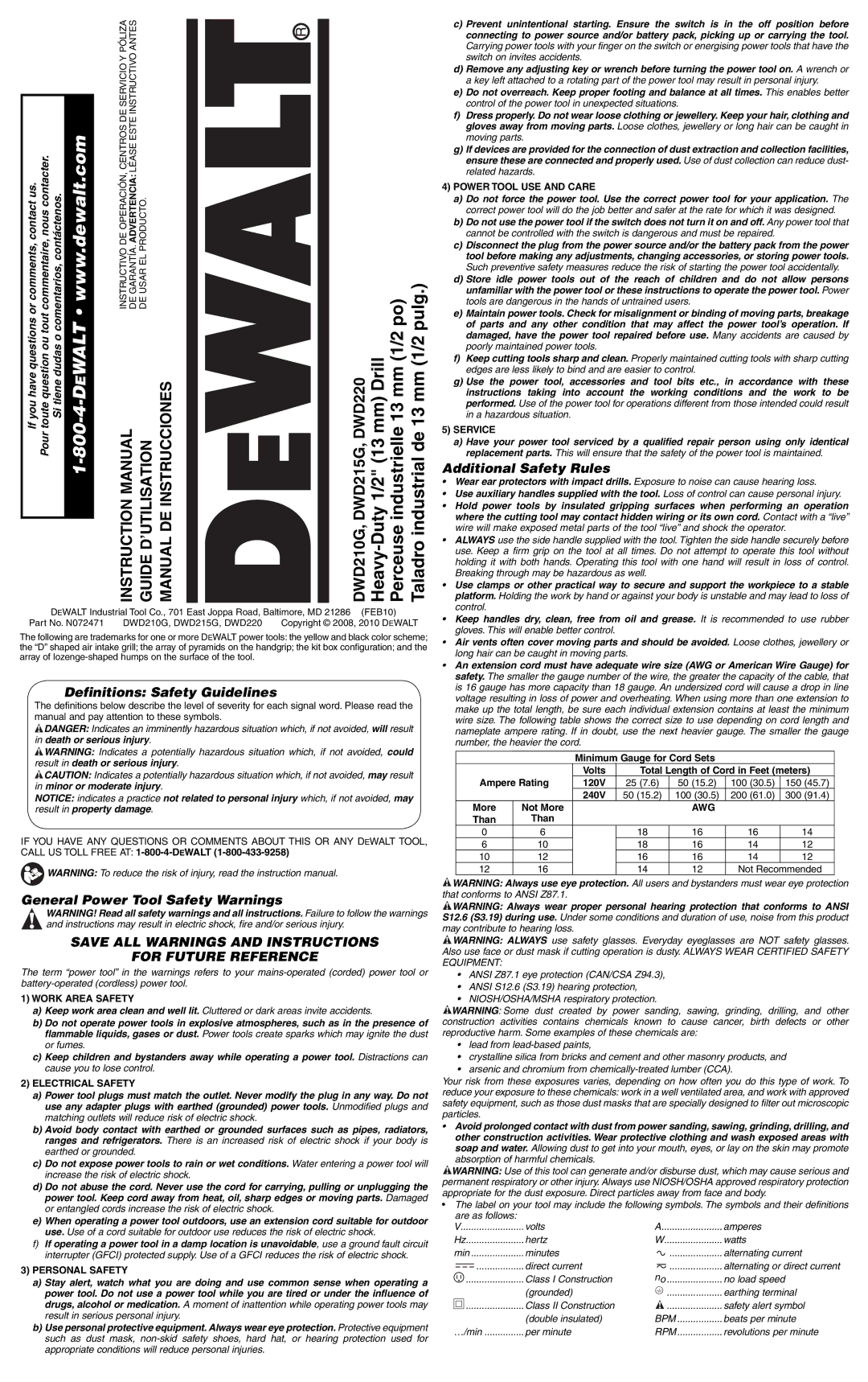 DeWalt DWD220, DWD210GR instruction manual Definitions Safety Guidelines, General Power Tool Safety Warnings 