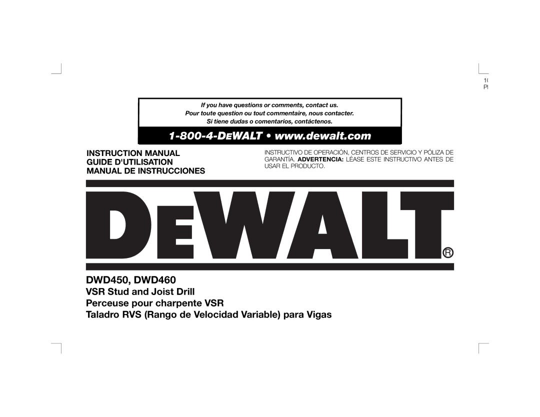 DeWalt DWD460K instruction manual DWD450, DWD460 