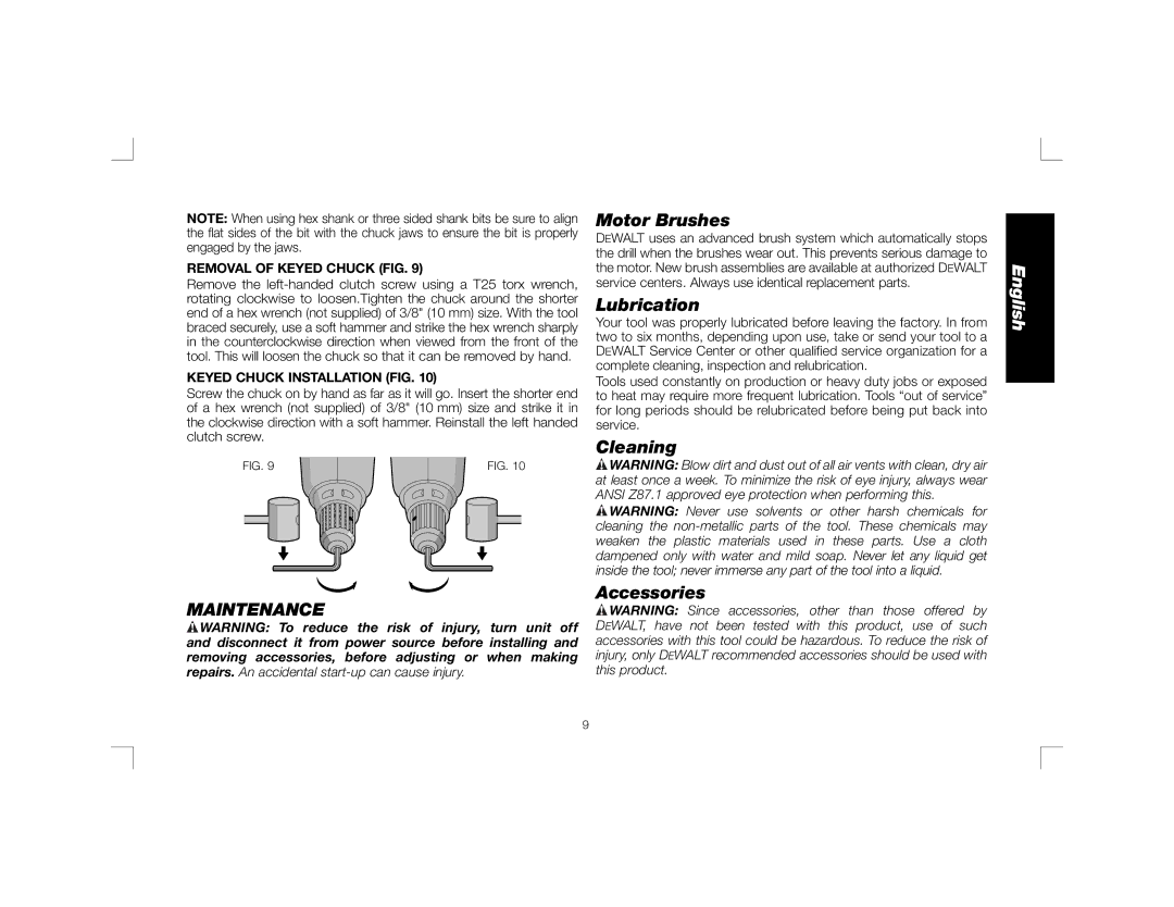 DeWalt DWD460K, DWD450 instruction manual Maintenance, Motor Brushes, Lubrication, Cleaning Accessories 