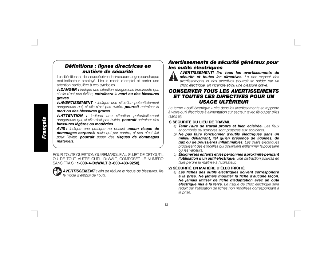 DeWalt DWD450, DWD460K instruction manual Déﬁnitions lignes directrices en Matière de sécurité, Sécurité DU Lieu DE Travail 