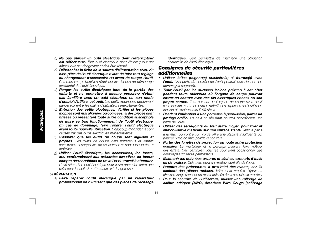 DeWalt DWD450, DWD460K instruction manual Consignes de sécurité particulières additionnelles, Réparation 