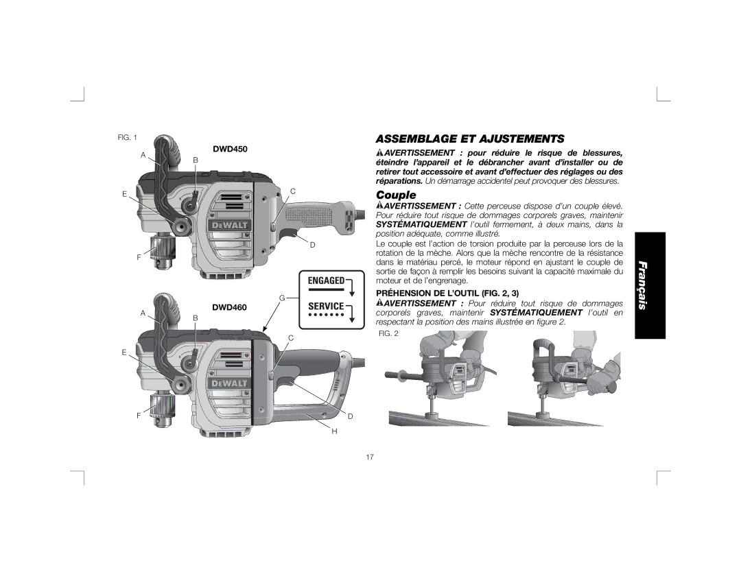 DeWalt DWD460K, DWD450 instruction manual Assemblage ET Ajustements, Couple, Préhension DE L’OUTIL 