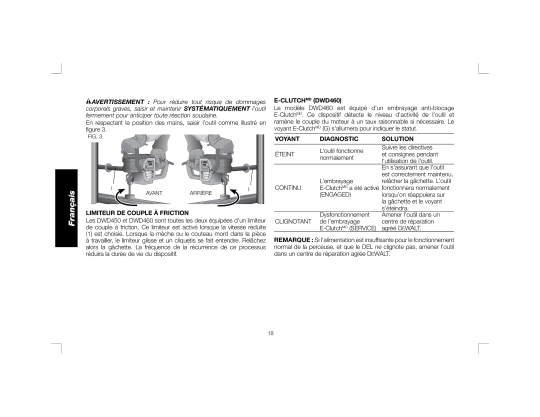 DeWalt DWD450, DWD460K instruction manual Limiteur DE Couple À Friction, CLUTCHMDDWD460, Voyant Diagnostic Solution 