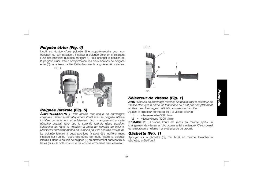 DeWalt DWD460K, DWD450 instruction manual Poignée étrier Fig, Poignée latérale Fig, Sélecteur de vitesse Fig, Gâchette Fig 