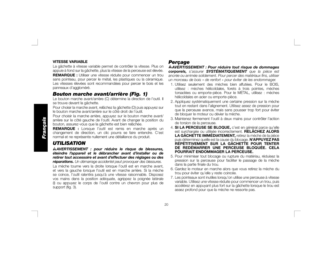 DeWalt DWD450, DWD460K instruction manual Bouton marche avant/arrière Fig, Utilisation, Perçage, Vitesse Variable 