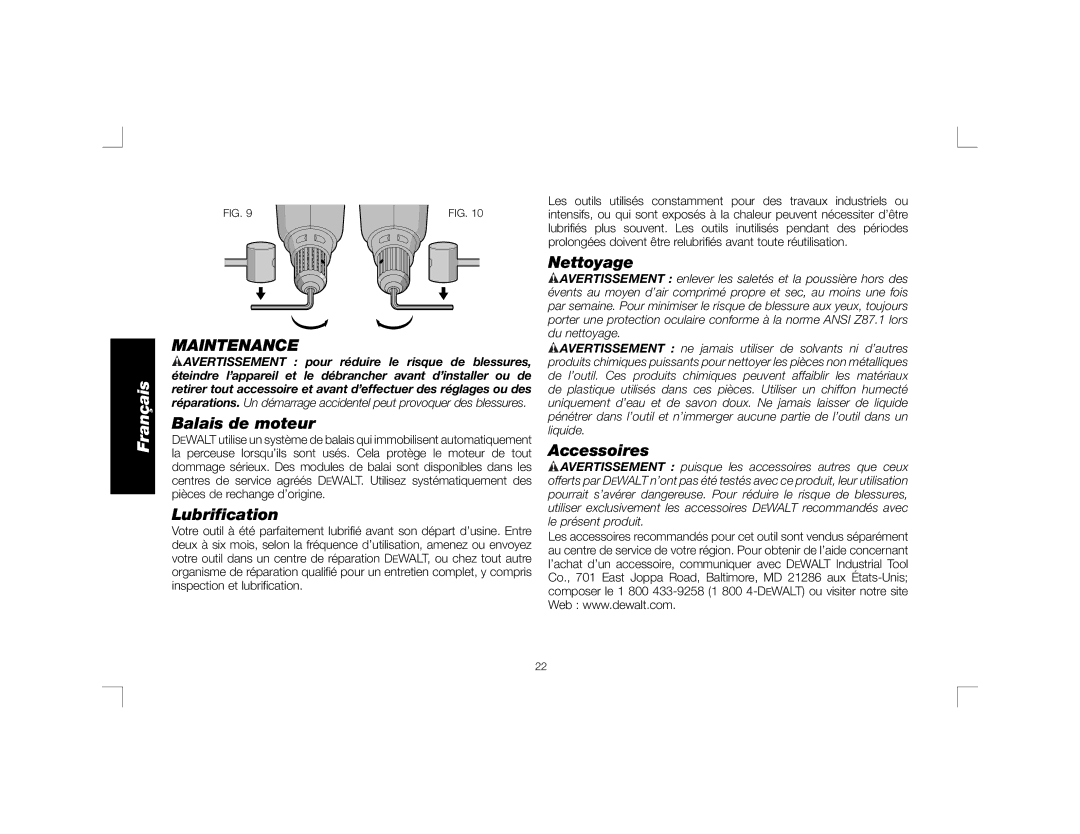 DeWalt DWD450, DWD460K instruction manual Balais de moteur, Lubriﬁcation, Nettoyage, Accessoires 