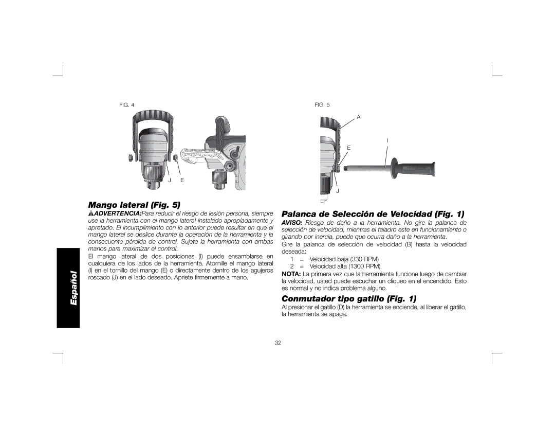 DeWalt DWD450, DWD460K instruction manual Palanca de Selección de Velocidad Fig, Conmutador tipo gatillo Fig 