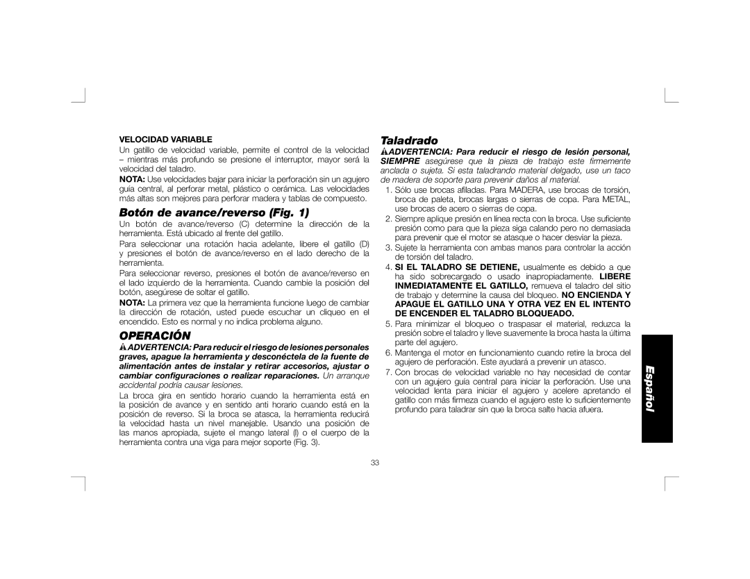 DeWalt DWD460K, DWD450 instruction manual Botón de avance/reverso Fig, Operación, Taladrado, Velocidad Variable 