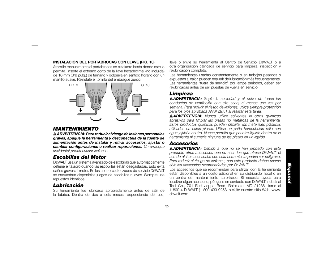 DeWalt DWD460K, DWD450 instruction manual Mantenimiento, Escobillas del Motor, Lubricación, Limpieza, Accesorios 