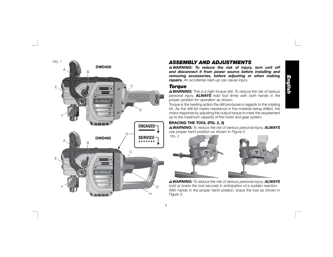 DeWalt DWD460K, DWD450 instruction manual Assembly and Adjustments, Torque, Bracing the Tool 