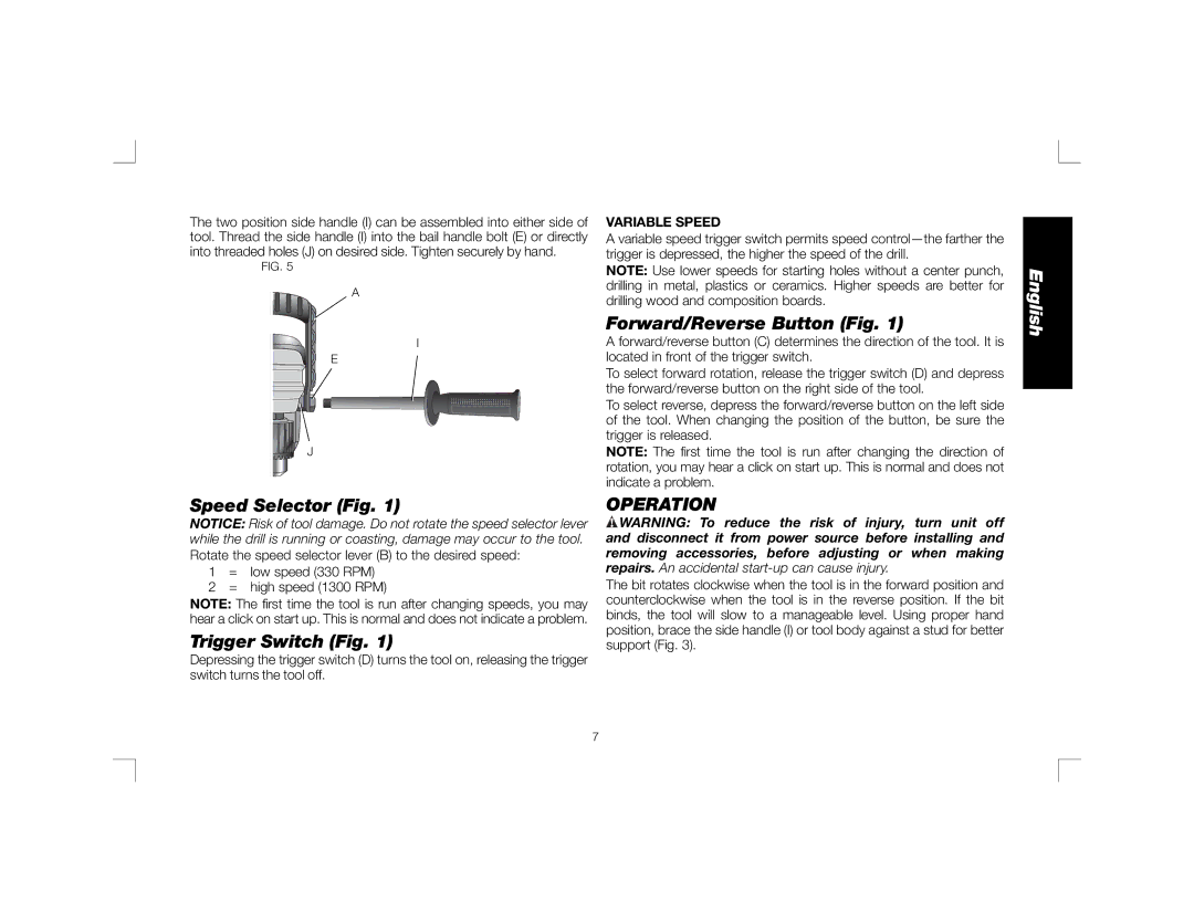 DeWalt DWD460K, DWD450 Speed Selector Fig, Trigger Switch Fig, Forward/Reverse Button Fig, Operation, Variable Speed 