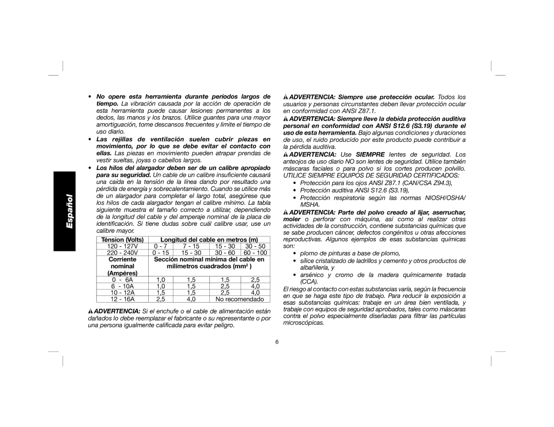 DeWalt DWD520K manual Ténsion Volts Longitud del cable en metros m 