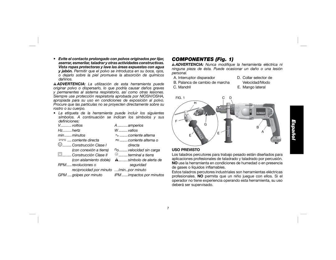 DeWalt DWD520K manual Componentes Fig, USO Previsto 