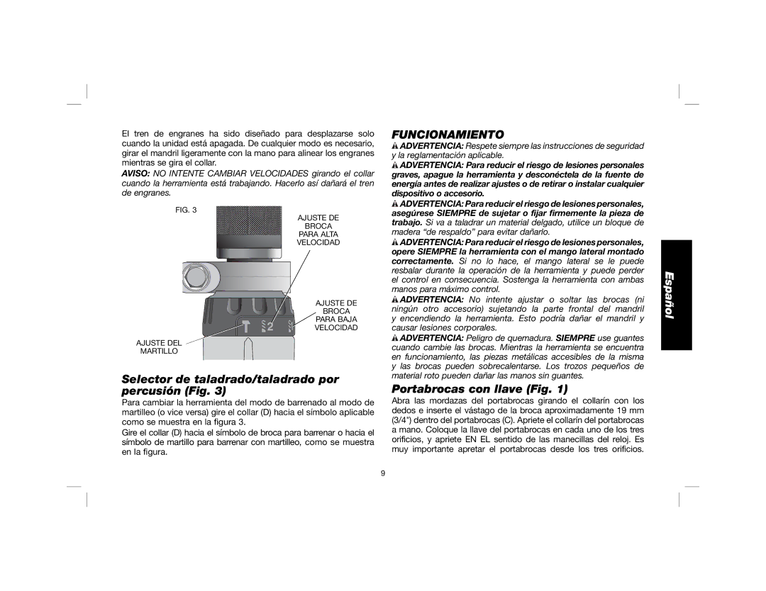 DeWalt DWD520K manual Selector de taladrado/taladrado por percusión Fig, Funcionamiento, Portabrocas con llave Fig 