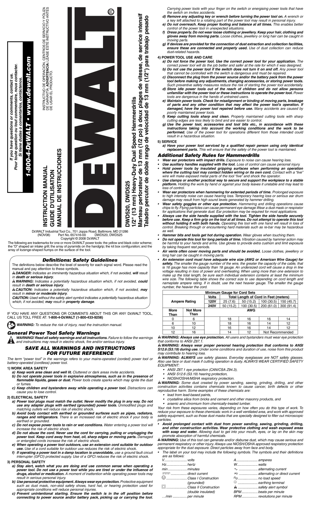 DeWalt DWD520K instruction manual Deﬁnitions Safety Guidelines, General Power Tool Safety Warnings 