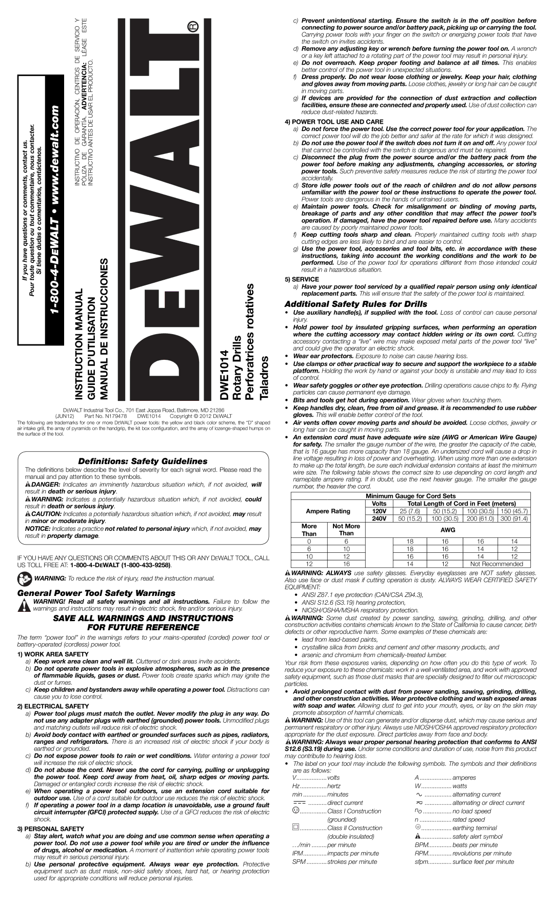 DeWalt DWE1014 instruction manual Deﬁnitions Safety Guidelines, General Power Tool Safety Warnings 