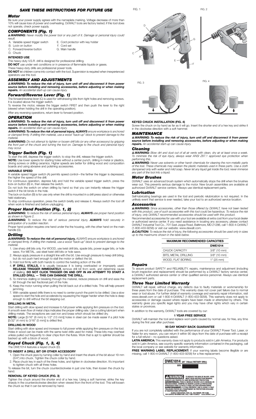 DeWalt DWE1014 instruction manual Save These Instructions for Future USE, Assembly and Adjustments, Operation, Maintenance 