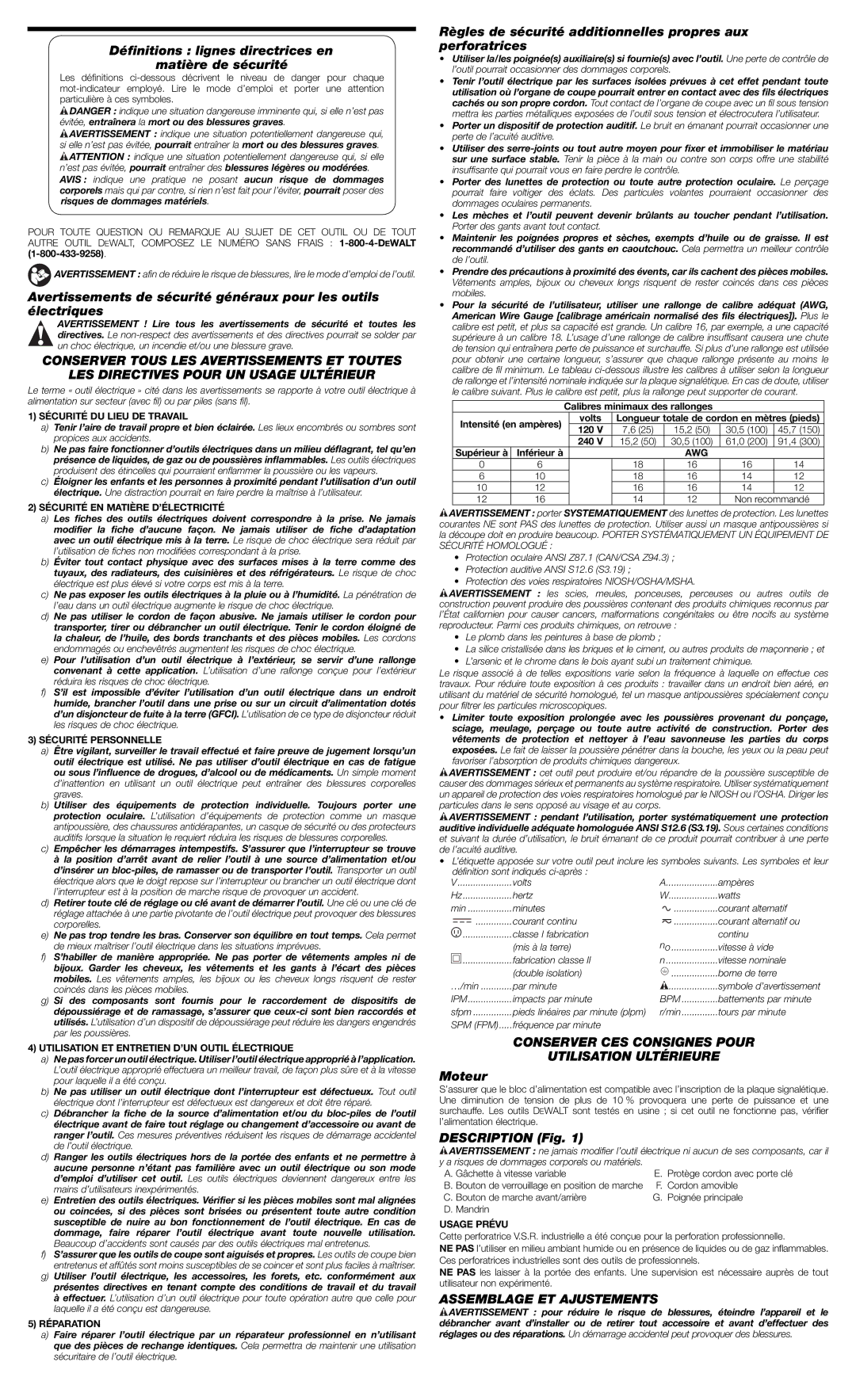 DeWalt DWE1014 instruction manual Conserver CES Consignes Pour Utilisation Ultérieure, Assemblage ET Ajustements 