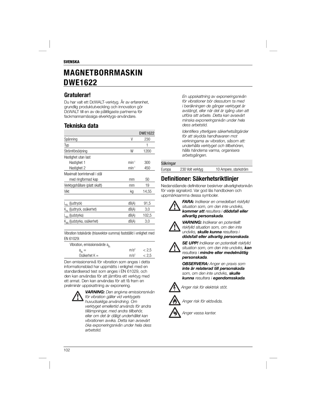 DeWalt DWE1622K manual Gratulerar, Tekniska data, Deﬁnitioner Säkerhetsriktlinjer, Svenska 