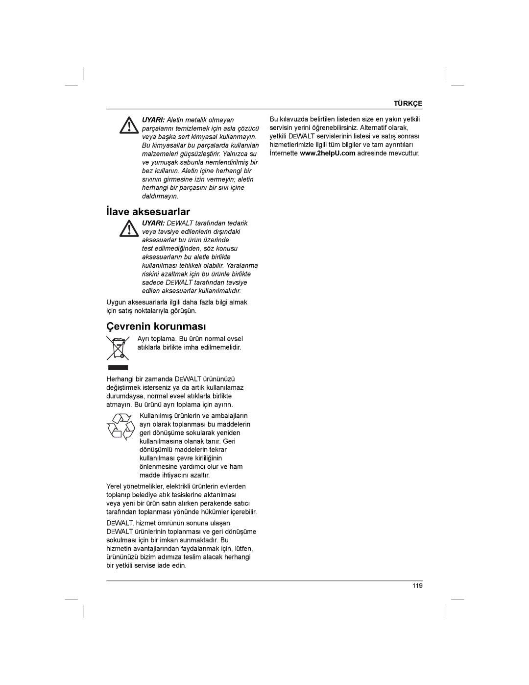 DeWalt DWE1622K manual İlave aksesuarlar, Çevrenin korunması 