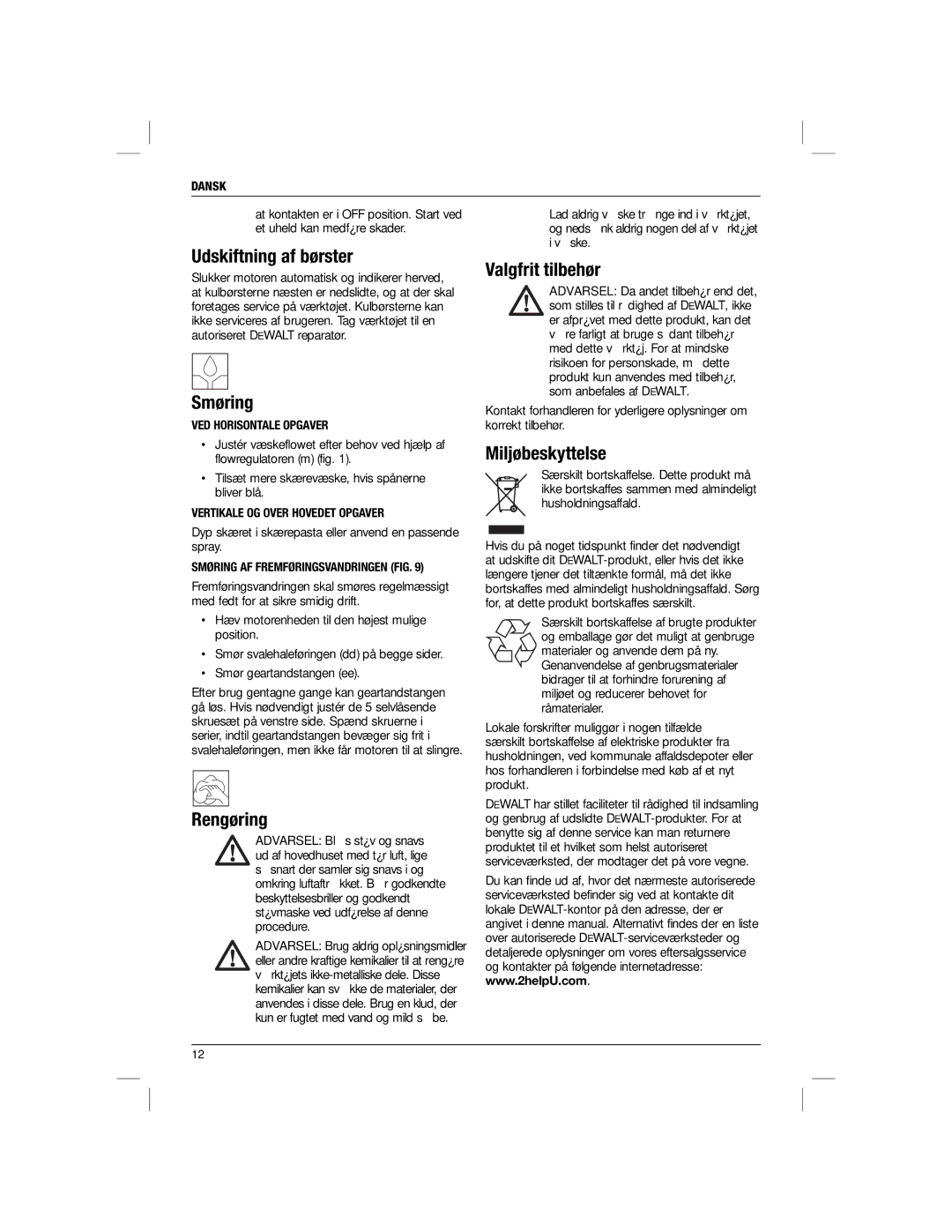 DeWalt DWE1622K manual Udskiftning af børster, Smøring, Rengøring, Valgfrit tilbehør, Miljøbeskyttelse 