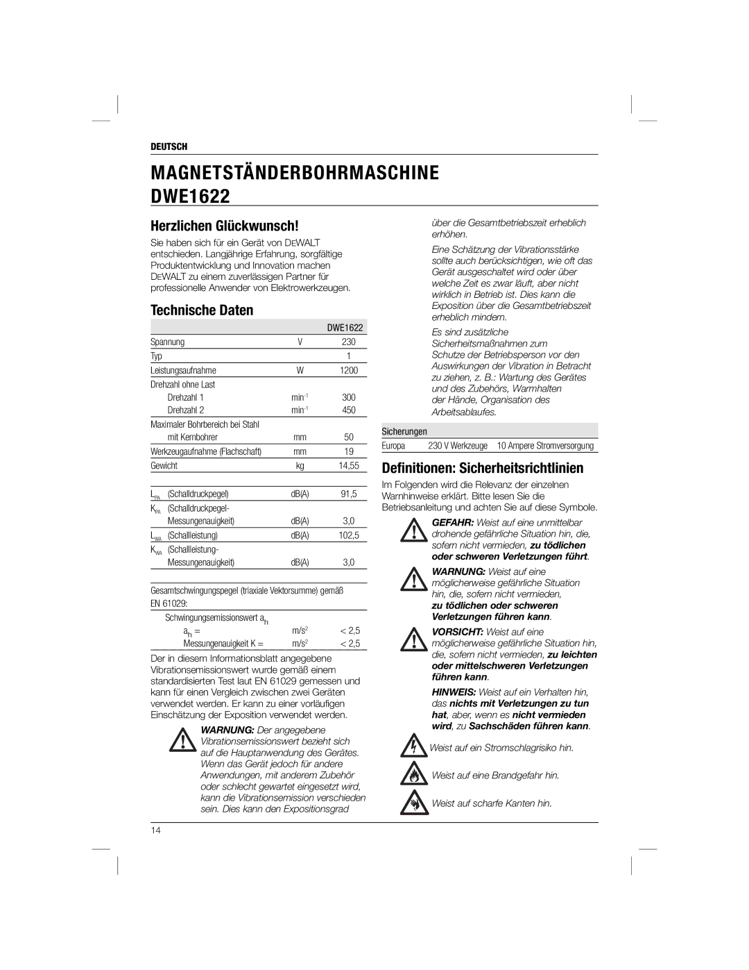 DeWalt DWE1622K manual Herzlichen Glückwunsch, Technische Daten, Deﬁnitionen Sicherheitsrichtlinien 