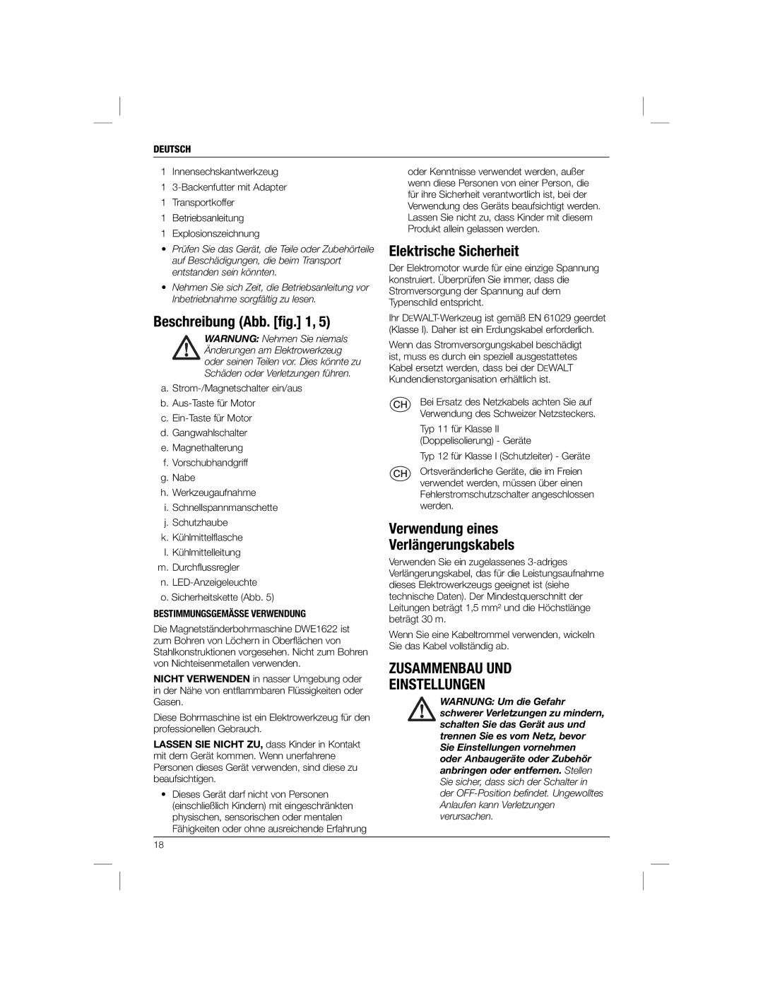 DeWalt DWE1622K manual Beschreibung Abb. ﬁg, Elektrische Sicherheit, Verwendung eines Verlängerungskabels 