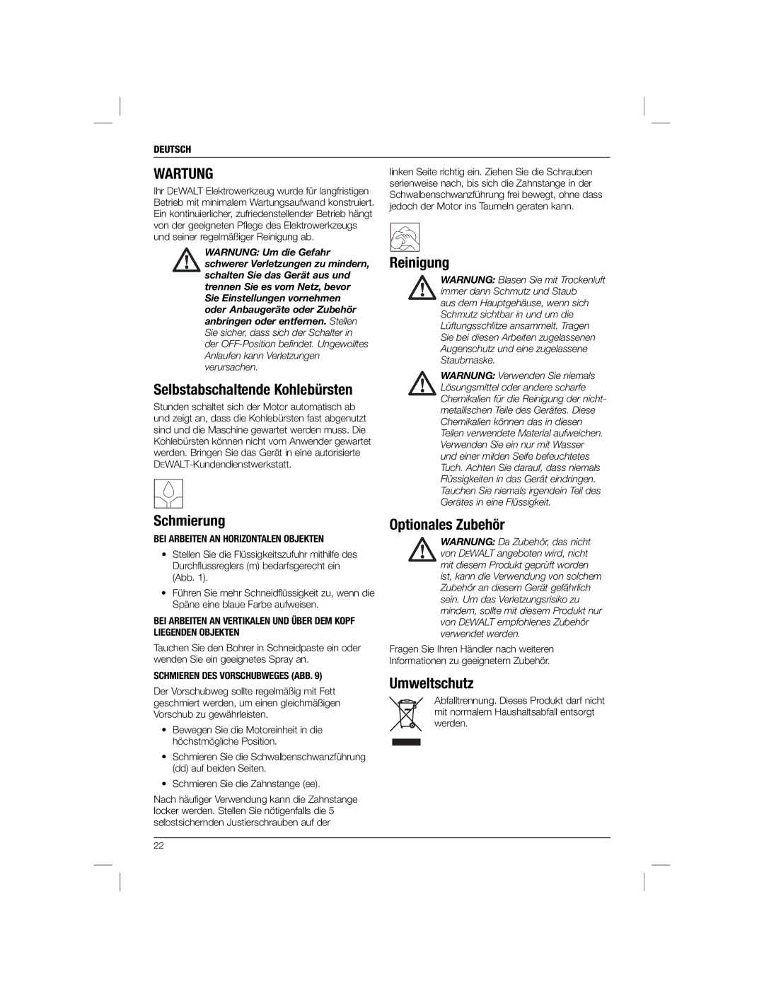 DeWalt DWE1622K manual Wartung 