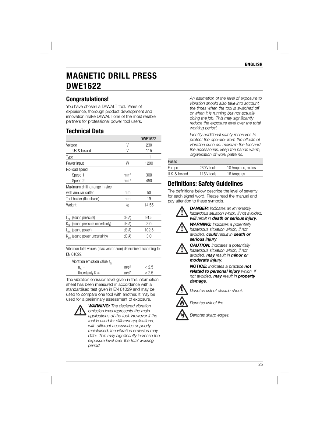 DeWalt DWE1622K manual Congratulations, Technical Data, Deﬁnitions Safety Guidelines, English 