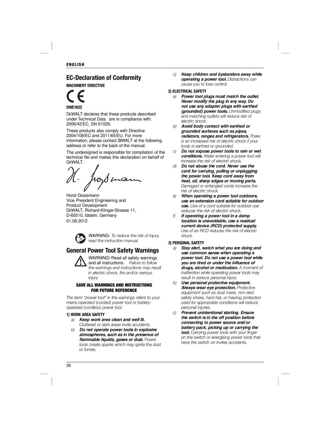 DeWalt DWE1622K manual EC-Declaration of Conformity, Save ALL Warnings and Instructions For Future Reference 