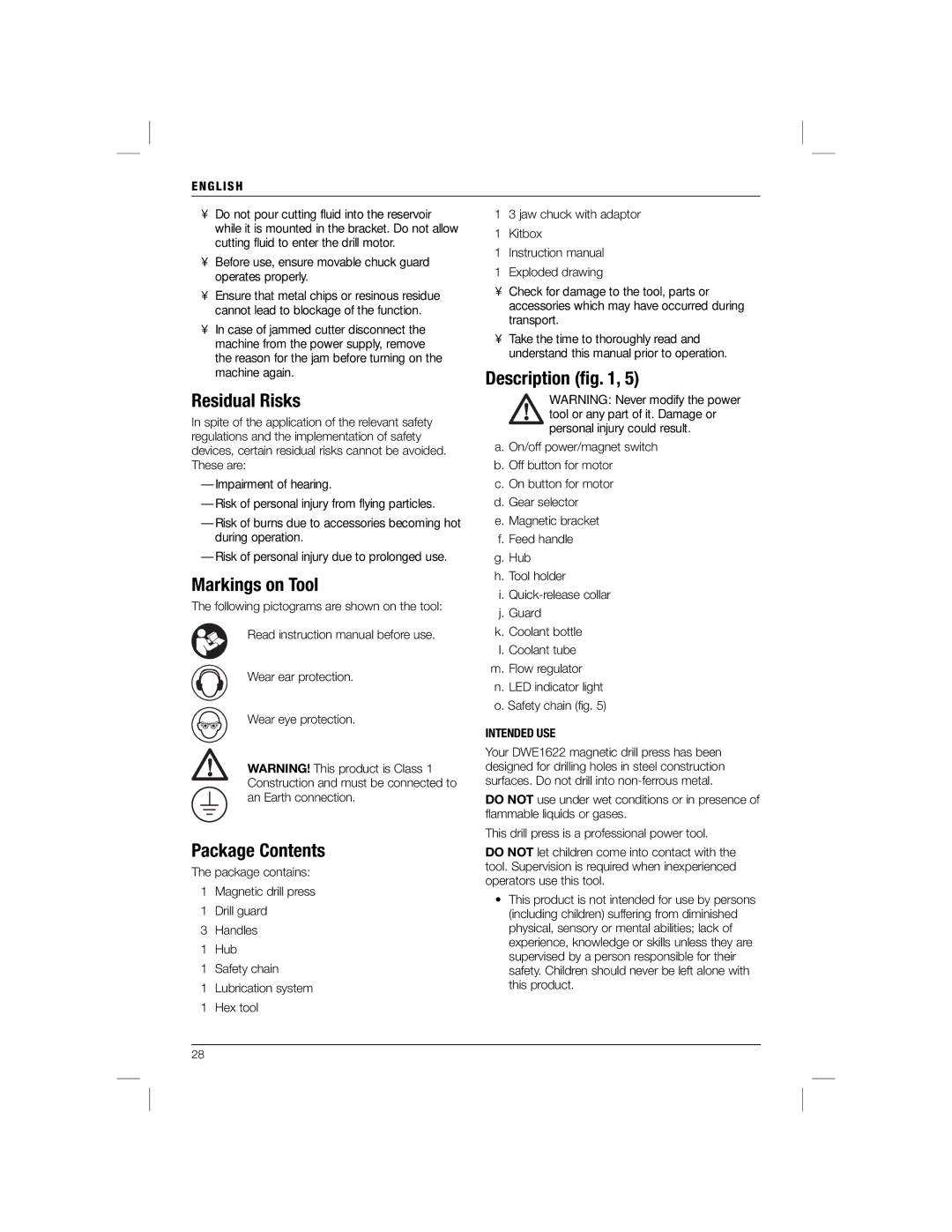 DeWalt DWE1622K manual Residual Risks, Markings on Tool, Description ﬁg, Package Contents 