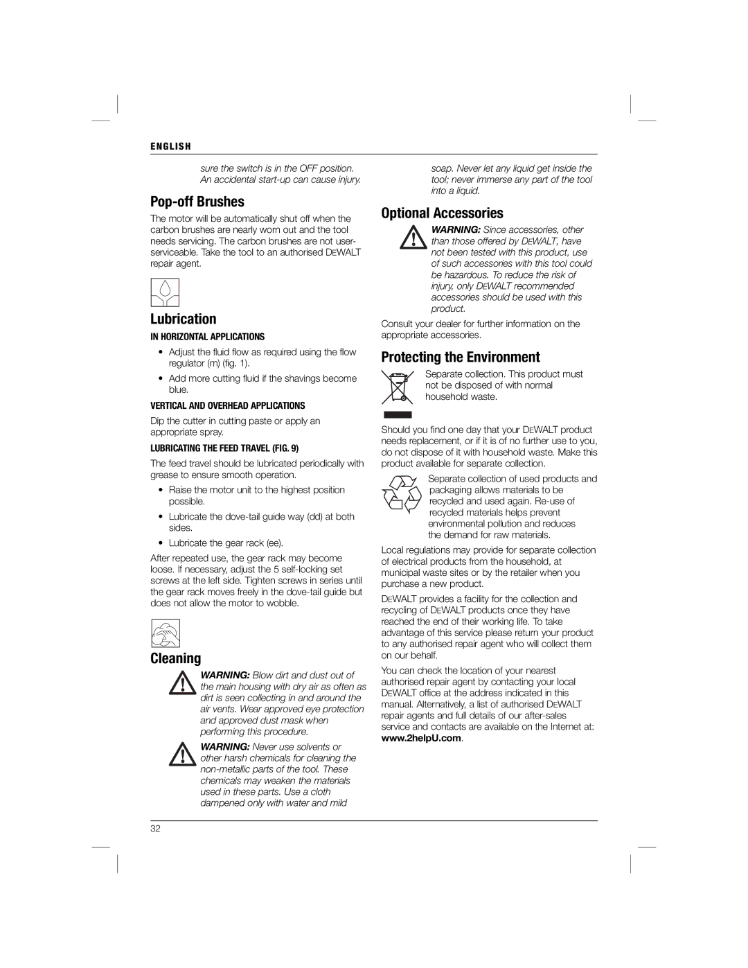 DeWalt DWE1622K manual Pop-off Brushes, Lubrication, Cleaning, Optional Accessories, Protecting the Environment 