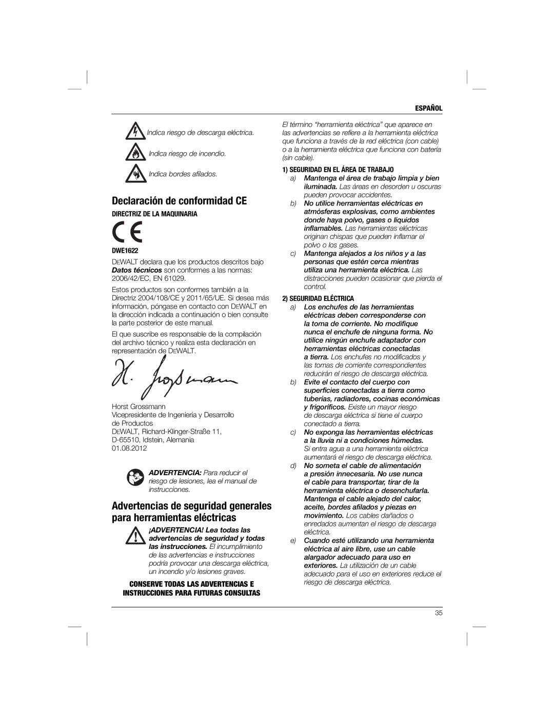 DeWalt DWE1622K manual Declaración de conformidad CE, Directriz DE LA Maquinaria, Seguridad EN EL Área DE Trabajo 