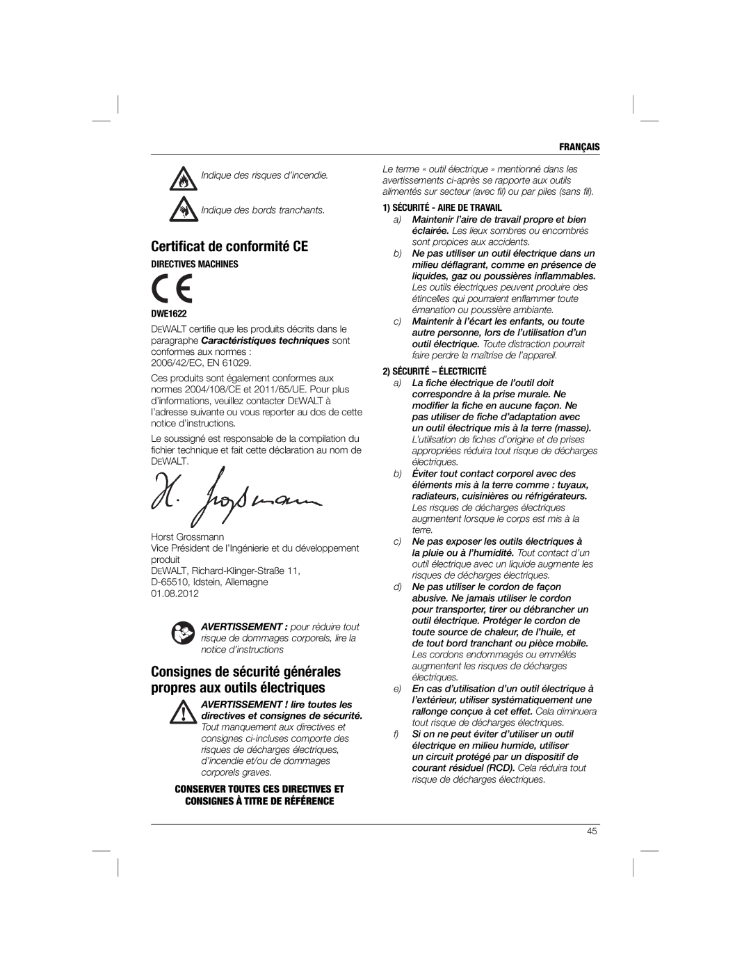 DeWalt DWE1622K manual Certiﬁcat de conformité CE, Indique des risques d’incendie Indique des bords tranchants 