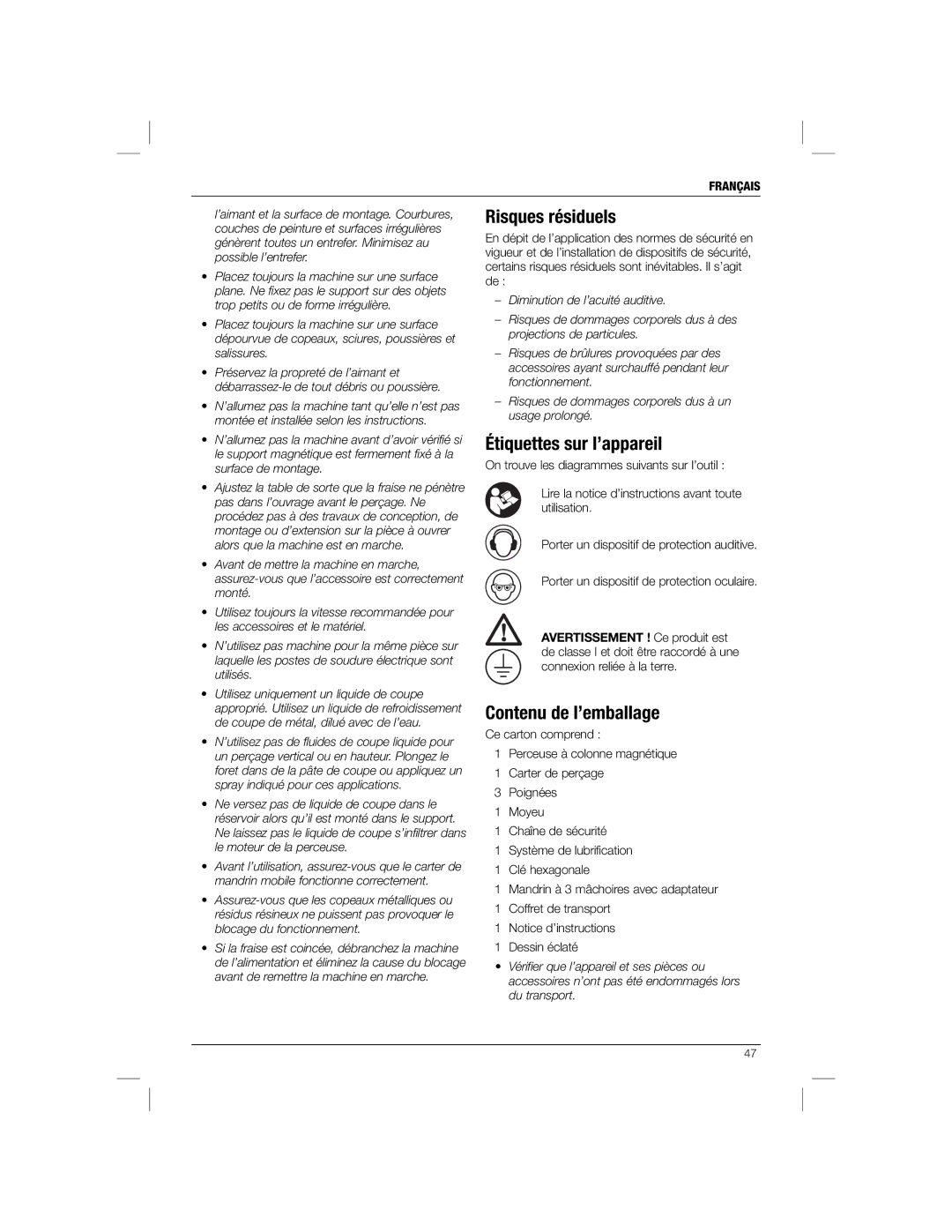 DeWalt DWE1622K manual Risques résiduels, Étiquettes sur l’appareil, Contenu de l’emballage 