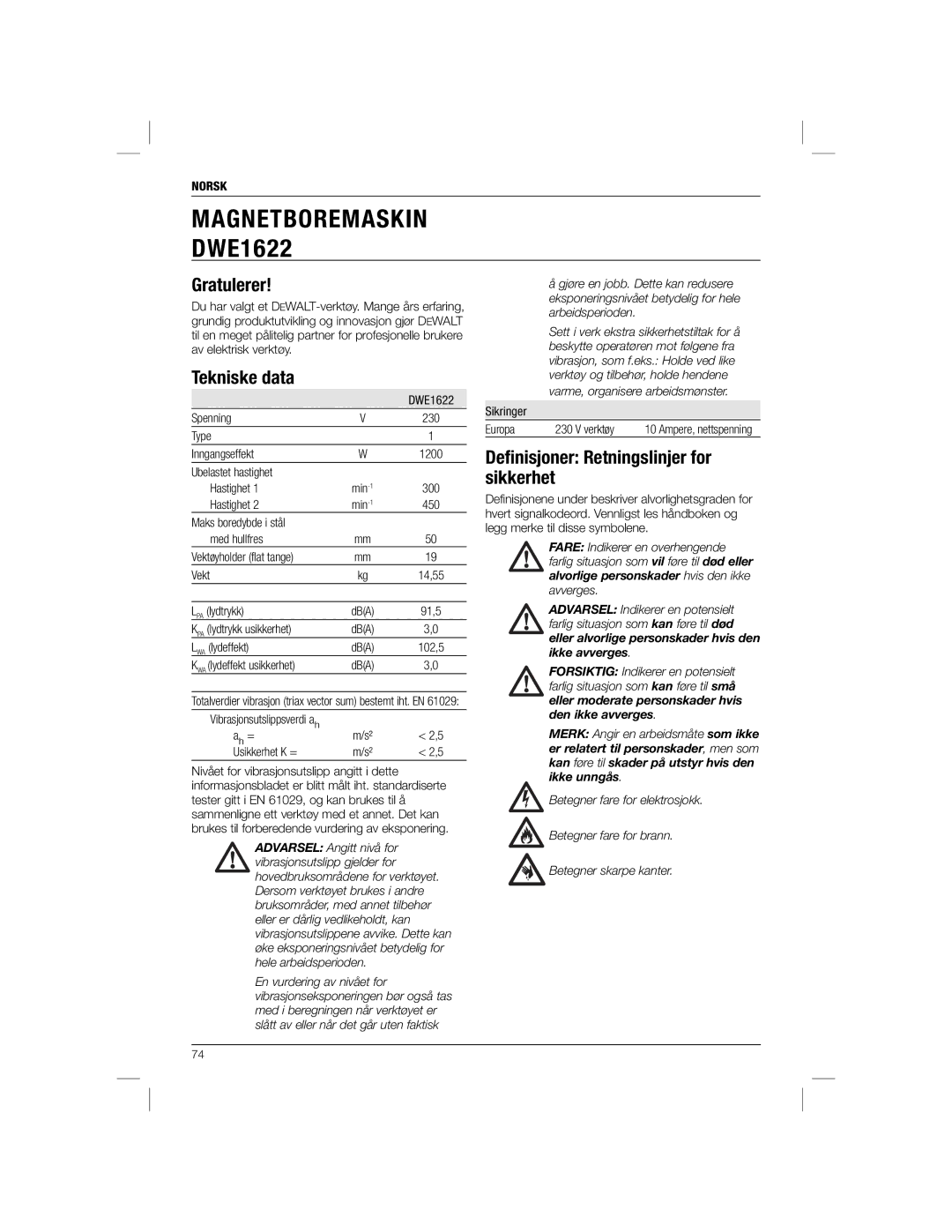 DeWalt DWE1622K manual Gratulerer, Deﬁnisjoner Retningslinjer for sikkerhet, Norsk 