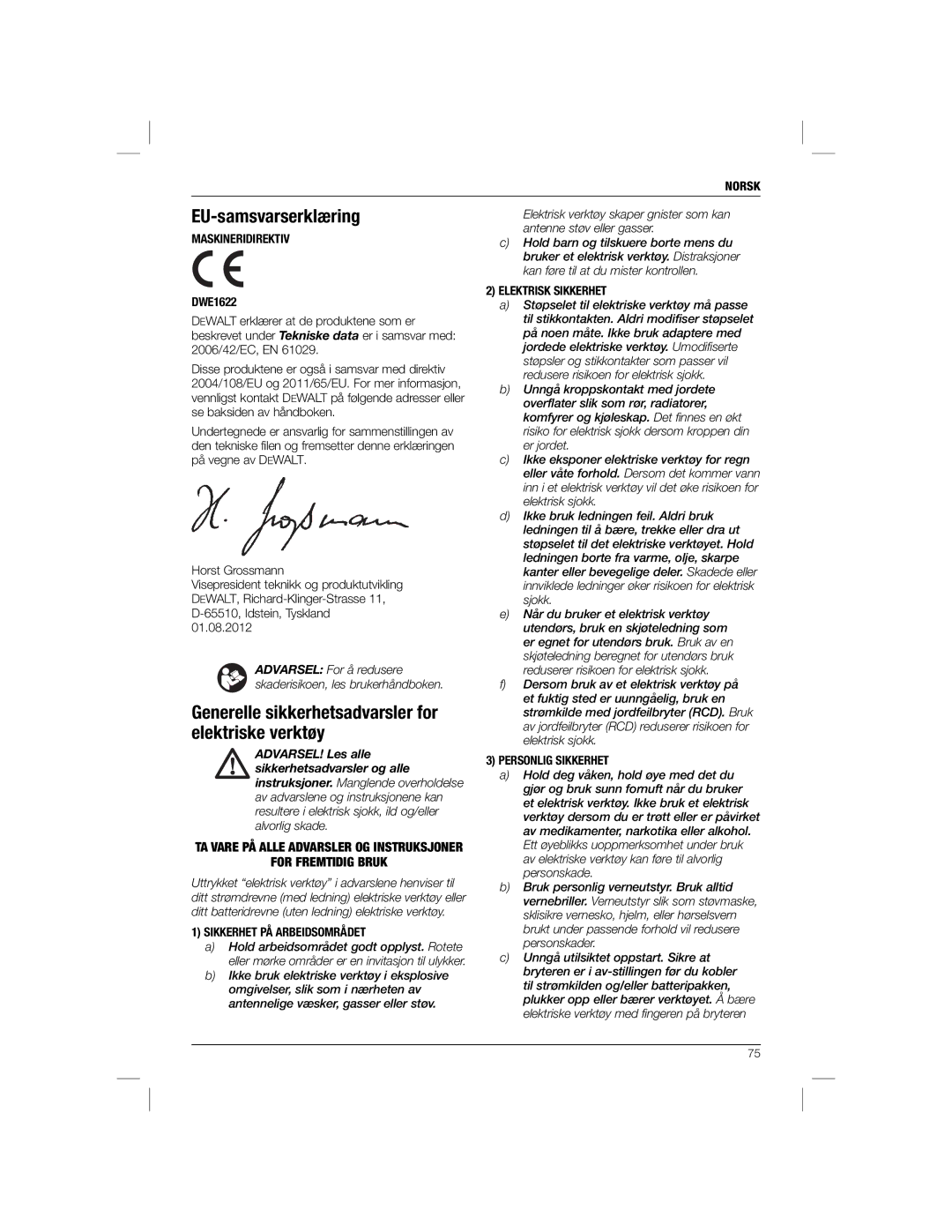 DeWalt DWE1622K manual EU-samsvarserklæring, Generelle sikkerhetsadvarsler for elektriske verktøy, For Fremtidig Bruk 
