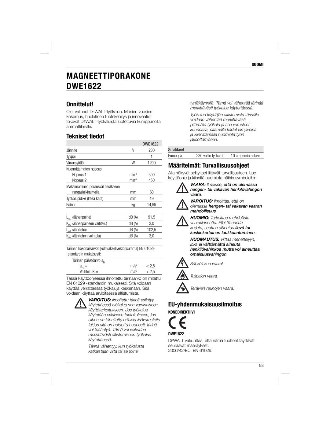 DeWalt DWE1622K manual Onnittelut, Tekniset tiedot, Määritelmät Turvallisuusohjeet, EU-yhdenmukaisuusilmoitus 