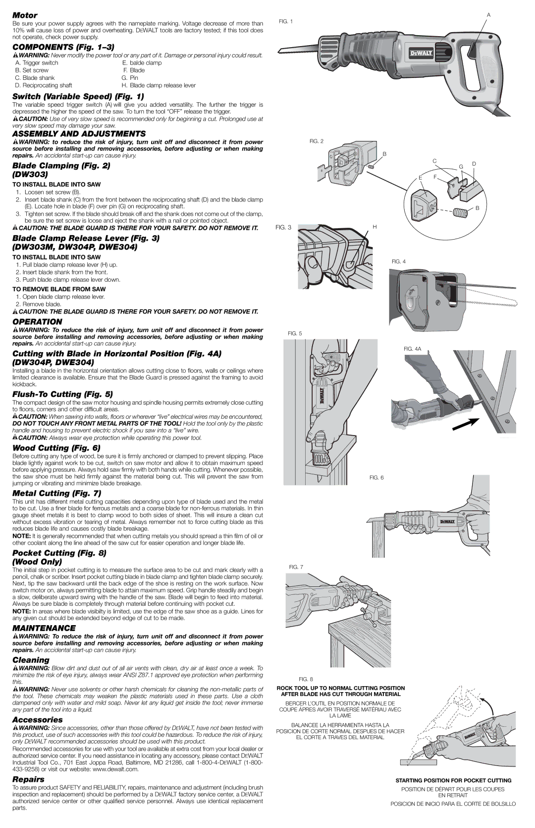 DeWalt DWE304 instruction manual Assembly and Adjustments, Operation, Maintenance 