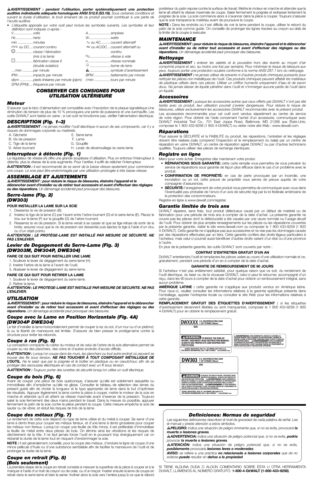 DeWalt DWE304 instruction manual Conserver CES Consignes Pour Utilisation Ultérieure, Assemblage ET Ajustements 